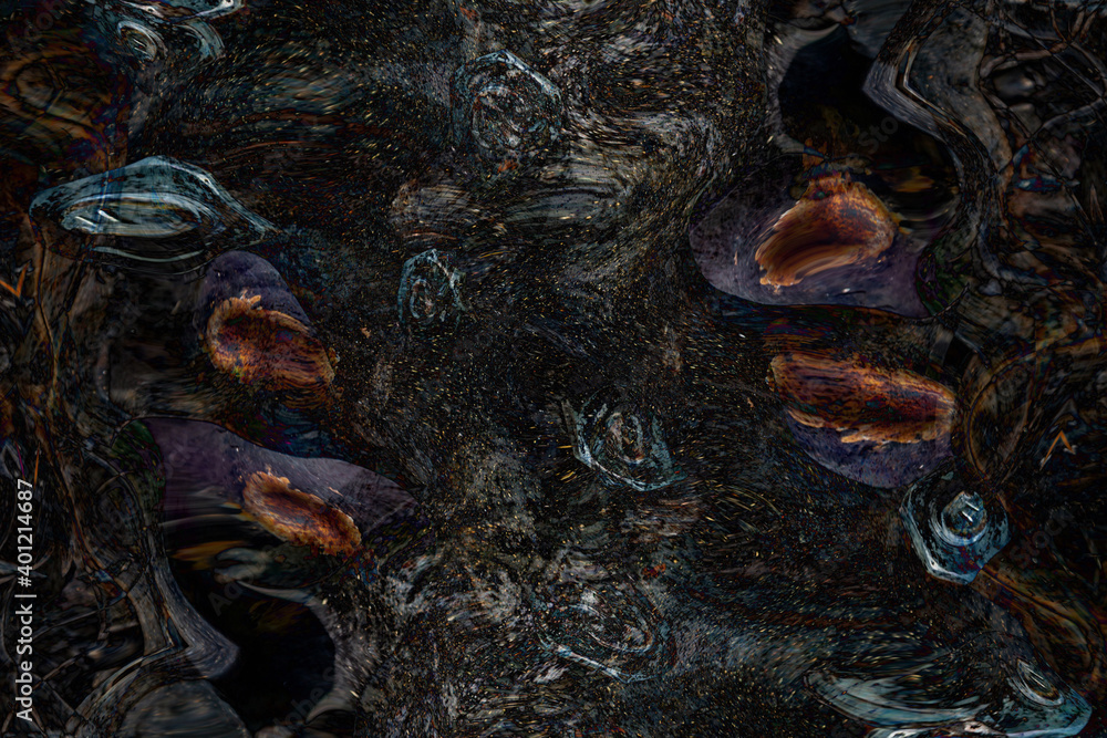 Abstract 3d background, glittering reflection of paint streaks, prints of traces, volumetric distortion of textures