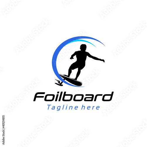 silhouette of a person riding foilboard  foilboard logo design template vector illustration   hydrofoil board sport logo  