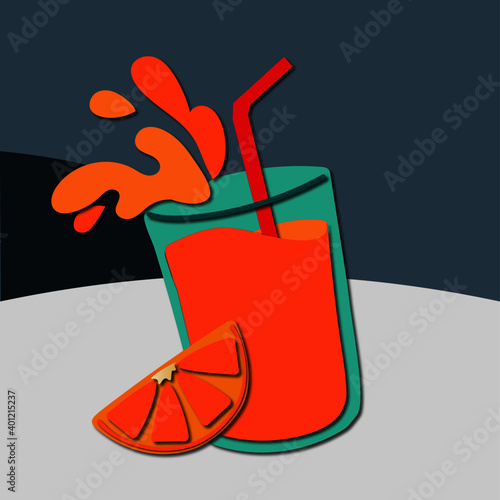 layer art illustration, paper cutout effect, A glass of juice, lemonade, and orange juice