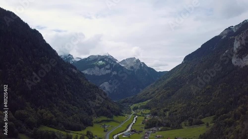 Flying over valley in Switzerland. Valley of Lauterbrunnen.