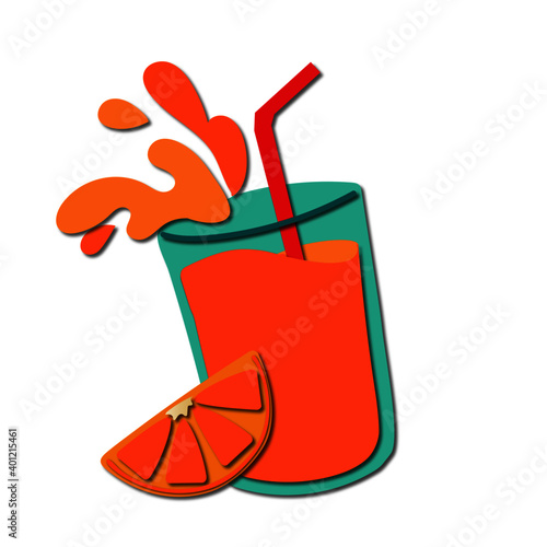 layer art illustration, paper cutout effect, A glass of juice, lemonade, and orange juice