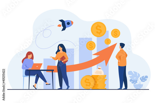 Startup managers presenting and analyzing sales growth chart. Group of workers with heap of cash, rocket, bar diagrams with arrow and heap of money. For business success, marketing, profit concepts