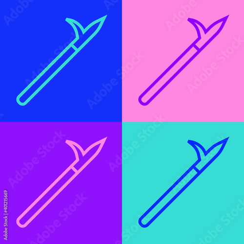 Pop art line Metal pike pole with wooden handle icon isolated on color background. Spear, pickaxe, hook hand extinguishing instrument and tool for fireman. Vector.