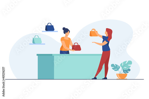 Shop assistant helping female customer to choose bag. Seller in accessory store, consumer flat vector illustration. Retail service, fashion concept for banner, website design or landing web page