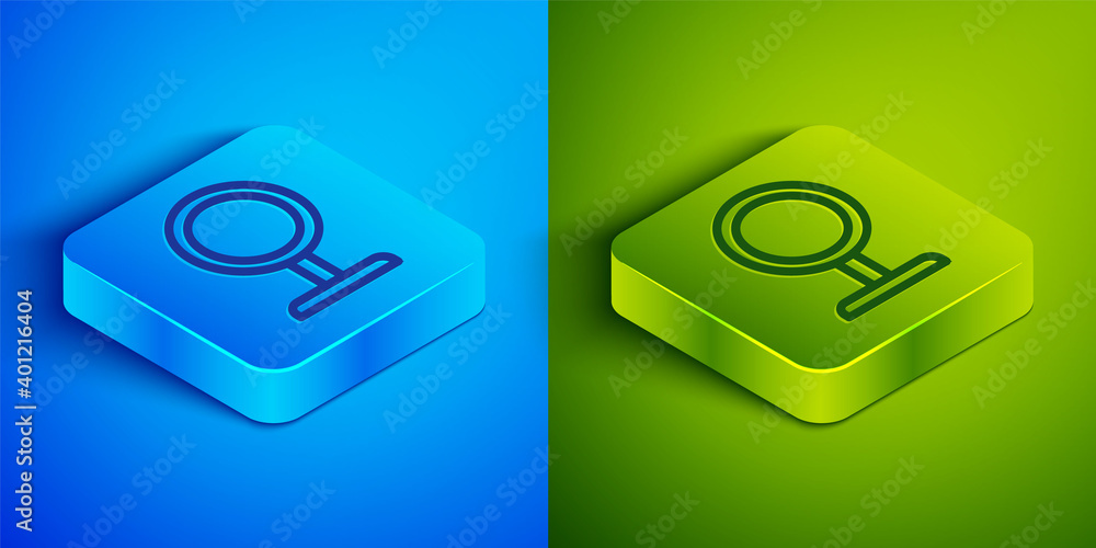 Isometric line Round makeup mirror icon isolated on blue and green background. Square button. Vector. Isometric line Round makeup mirror icon isolated on blue and green background. Square button. Vector.