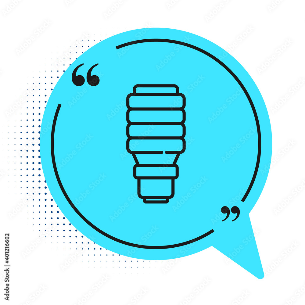 Black line LED light bulb icon isolated on white background. Economical LED illuminated lightbulb. Save energy lamp. Blue speech bubble symbol. Vector. Black line LED light bulb icon isolated on white background. Economical LED illuminated lightbulb. Save energy lamp. Blue speech bubble symbol. Vector.