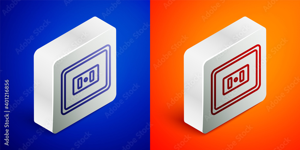 Isometric line Electrical outlet icon isolated on blue and orange background. Power socket. Rosette symbol. Silver square button. Vector. Isometric line Electrical outlet icon isolated on blue and orange background. Power socket. Rosette symbol. Silver square button. Vector.