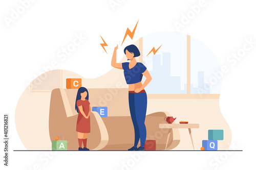 Mother scolding little daughter. Mom shouting at kid, toys, home flat vector illustration. Problem in family, childhood, abuse concept for banner, website design or landing web page