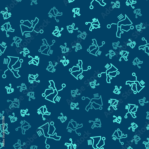 Green line Prosthesis hand icon isolated seamless pattern on blue background. Futuristic concept of bionic arm, robotic mechanical hand. Vector.