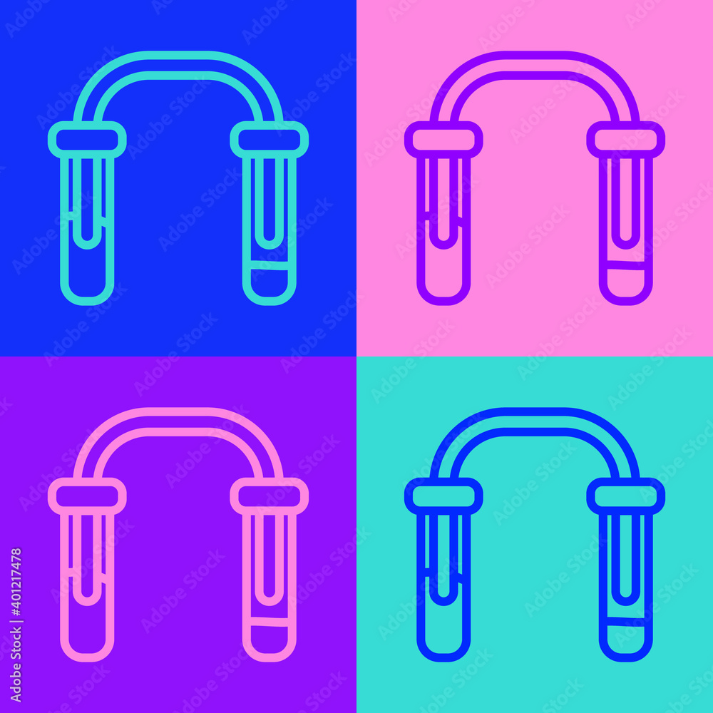 Pop art line Test tube and flask - chemical laboratory test icon isolated on color background. Fluid transfer system. Laboratory glassware sign. Vector.