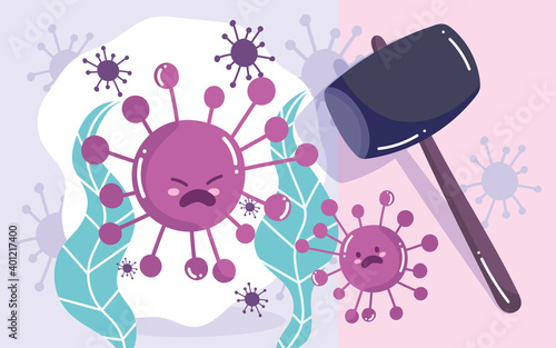 covid 19 virus cartoons and hammer vector design