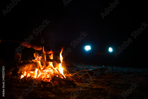 Cooking sausages on an open fire at night, in the background a car with its headlights on. Cooking over a campfire flame on wooden rods in nature at night.