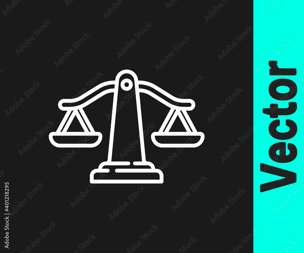 White line Scales of justice icon isolated on black background. Court of law symbol. Balance scale sign. Vector. White line Scales of justice icon isolated on black background. Court of law symbol. Balance scale sign. Vector.