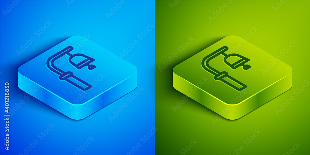 Isometric line Train station bell icon isolated on blue and green background. Square button. Vector. Isometric line Train station bell icon isolated on blue and green background. Square button. Vector.
