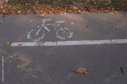 Bicycle symbol in the bicycle lane in the park, Bike pictures are drawn on the road for riding a bicycle. space for text photo