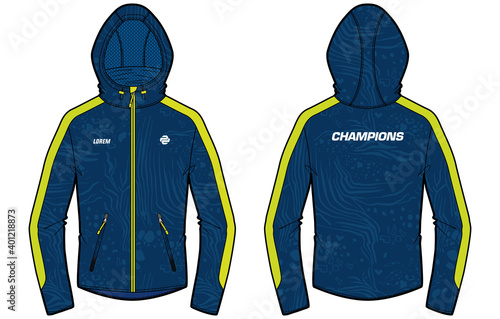 Long sleeve Bomber Hoodie jacket design template in vector, sports Hooded jacket concept with front and back view, hoodie winter jacket for Men and women. for training, Running and workout in winter.
