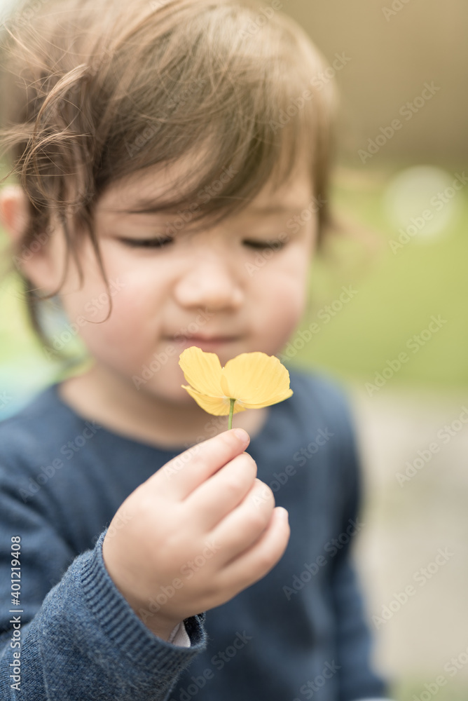 A toddler wearing a blue jumper holds a yellow flower on her hand and smells it as she closes her eyes in the garden of a house in Edinburgh, Scotland, United Kingdom A toddler wearing a blue jumper holds a yellow flower on her hand and smells it as she closes her eyes in the garden of a house in Edinburgh, Scotland, United Kingdom