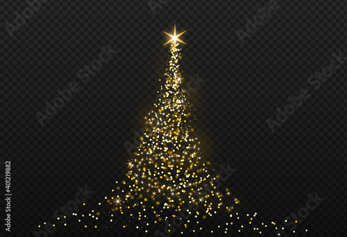 Christmas tree gold bokeh glitter particles isolate on png or transparent  background with sparkling  snow, star light  fo , New Year, Birthdays, Special event, luxury card,  rich style.