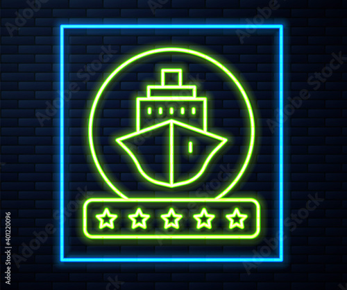 Glowing neon line Cruise ship icon isolated on brick wall background. Travel tourism nautical transport. Voyage passenger ship, cruise liner. Worldwide cruise. Vector.