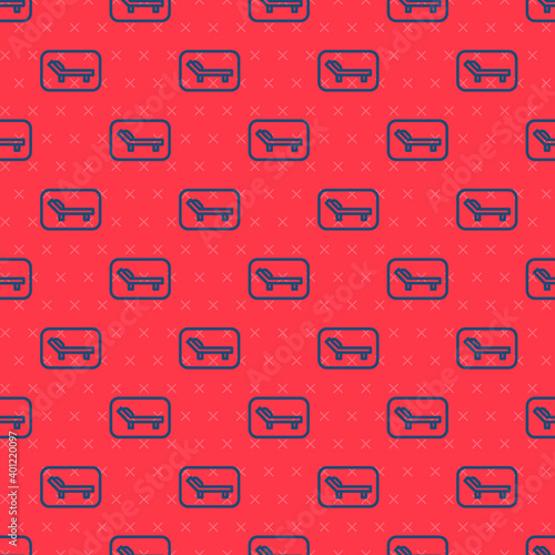 Blue line Sunbed icon isolated seamless pattern on red background. Sun lounger. Vector.