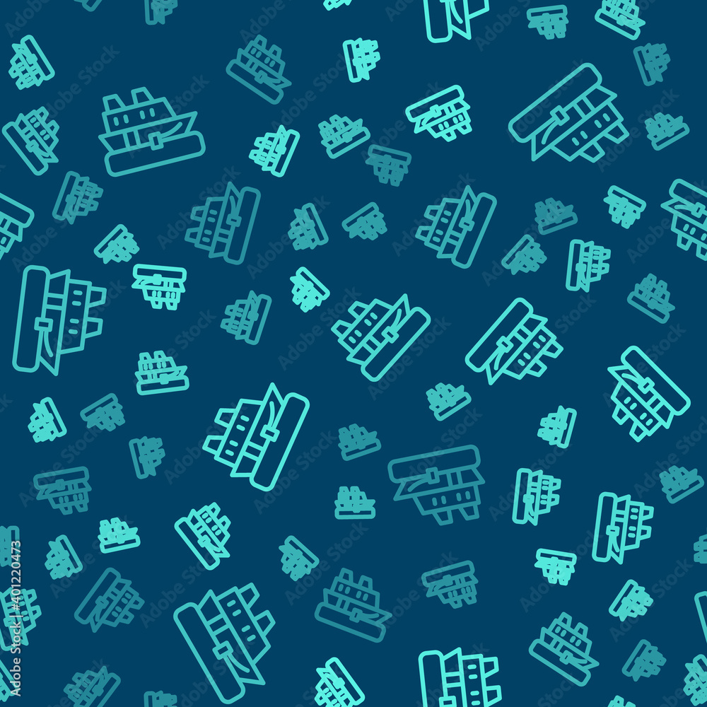 Green line Cruise ship icon isolated seamless pattern on blue background. Travel tourism nautical transport. Voyage passenger ship, cruise liner. Worldwide cruise. Vector. Green line Cruise ship icon isolated seamless pattern on blue background. Travel tourism nautical transport. Voyage passenger ship, cruise liner. Worldwide cruise. Vector.