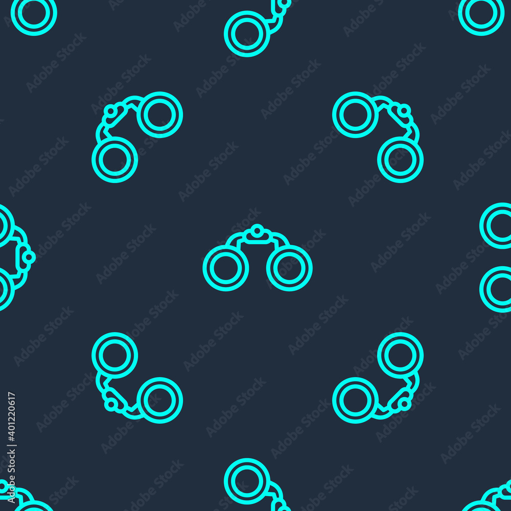 Green line Binoculars icon isolated seamless pattern on blue background. Find software sign. Spy equipment symbol. Vector.