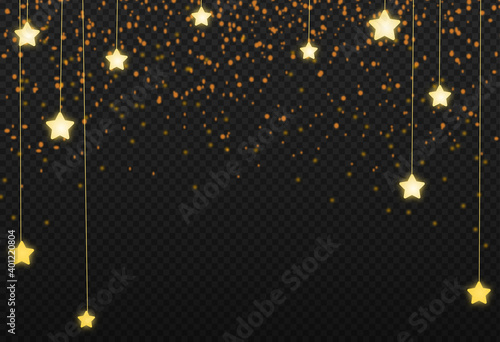Gold glitter particles with hanging stars isolate on png or transparent  background with sparkling  snow, star light  for Christmas, New Year, Birthdays, Special event, luxury card,  rich style.