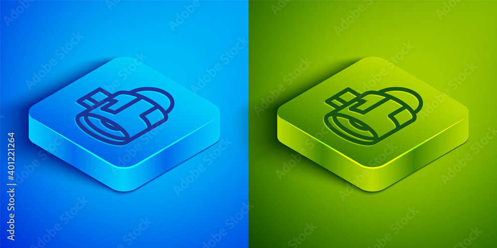 Isometric line Jet engine turbine icon isolated on blue and green background. Plane turbine. Airplane equipment. Jet propeller. Aviation service. Motor running. Square button. Vector. Isometric line Jet engine turbine icon isolated on blue and green background. Plane turbine. Airplane equipment. Jet propeller. Aviation service. Motor running. Square button. Vector.