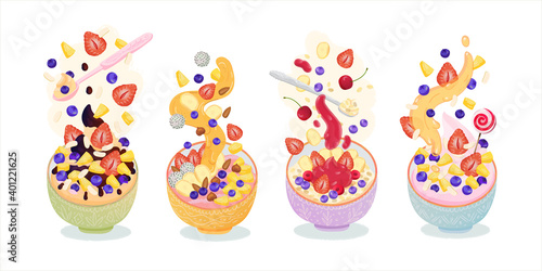 Healthy Breakfast set with smoothie bowls acai and fruit toppings and oat granola porridge. Flying toppings strawberry, banana, jam, berries, honey, pitaya, chocolate. Vegetarian diet healthy food.
