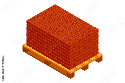 Isometric wooden pallet with bricks. Bricks on pallet isolated on white background. Colorful stack of new red bricks vector icons. Construction material. Vector illustration. 3D. Flat style.