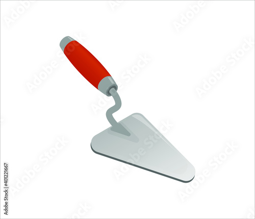 Isometric cement trowel isolated on white background. Colorful bricklayer trowel vector icon for web design. Spatula with a orange handle. Construction tool. Vector illustration. 3D. Flat style.