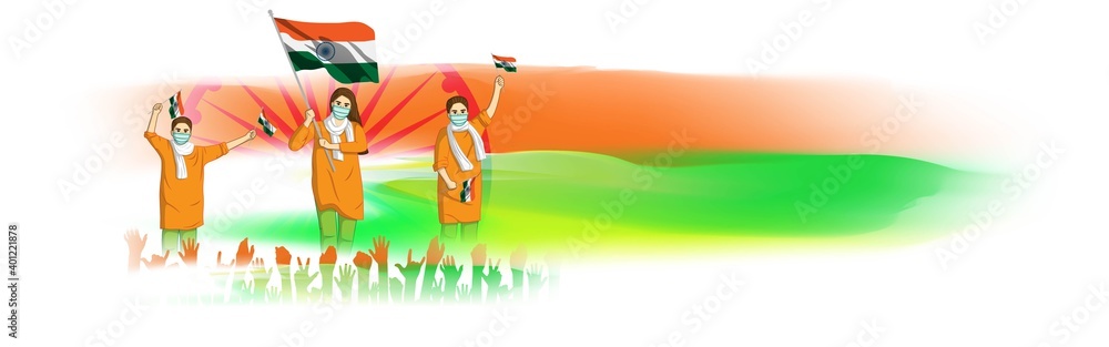 Fototapeta premium Vector Indian Patriotic concept banner with abstract tricolor background, freedom hands, people with mask holding India flag, illustration poster.