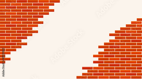 Broken brick wall. White hole in red brick wall. Crashed wall of bricks texture background. Destroyed old red brickwork isolated on white background. Vector illustration.