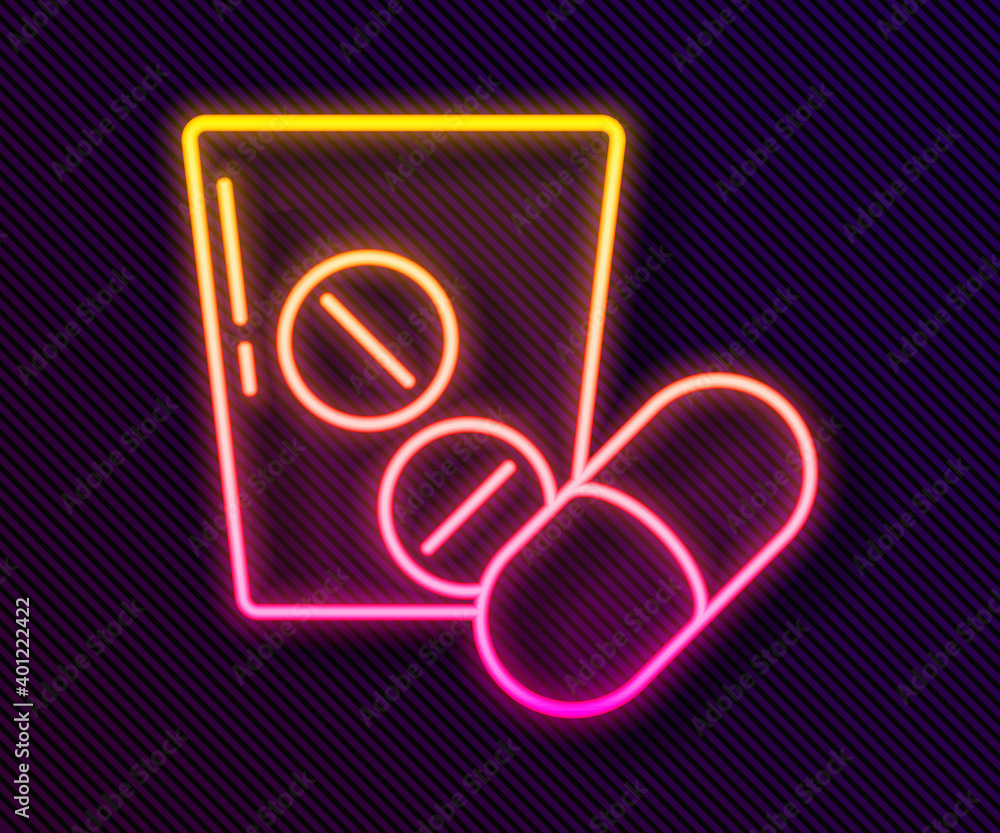 Glowing neon line Medicine pill or tablet icon isolated on black background. Capsule pill and drug sign. Pharmacy design. Vector. Glowing neon line Medicine pill or tablet icon isolated on black background. Capsule pill and drug sign. Pharmacy design. Vector.