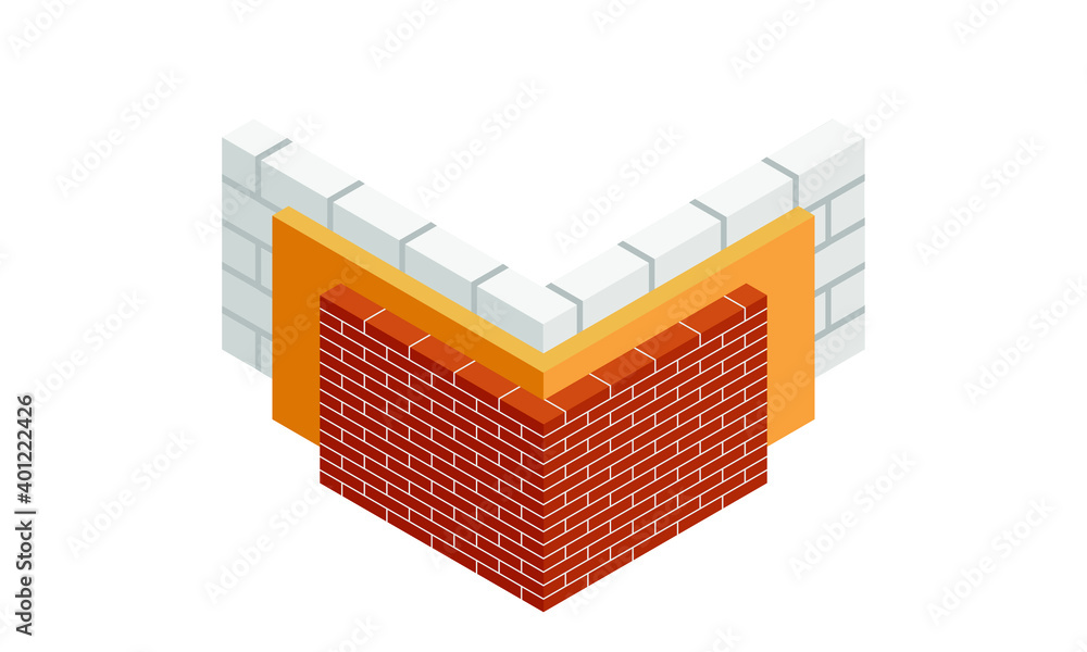 Vector illustration driving insulation brick wall corners. Isometric
