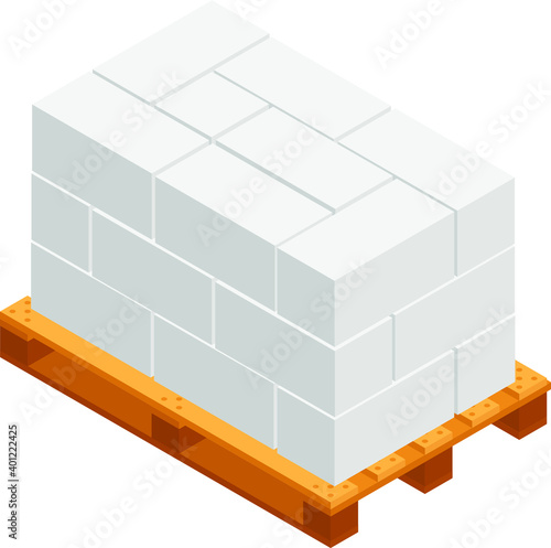 Vector illustration aerated concrete block on wooden pallet. Isometric cinder block pallet isolated on white background. Foam concrete icon for web. Construction materials. 3D. Cartoon. Flat style.