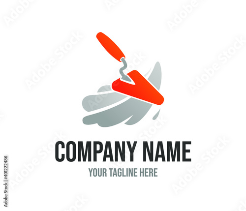 Orange spatula vector logo template for home repair service or building company. Illustration of red plastering trowel. Masonry creative icon concept. Plasterer tool vector design. Brick construction.