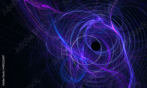 Black hole in far deep and dark space. Purple, violet and blue hues in exploding energy. Circles and flashes on black.