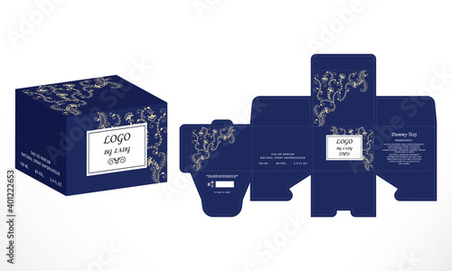 Luxury Perfume Packaging Box Design, luxury products  Box die line, 3d Box Mockup labels, icon, frames and Design elements, 3d Illustration, Vector design Template.