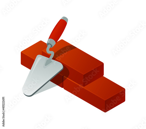 Realistic isometric cement trowel and bricks vector icon isolated on white background. Bricklayer spatula vector icon. Vector bricklayer, mason tool icon. Construction and repair. Red brick wall icon.