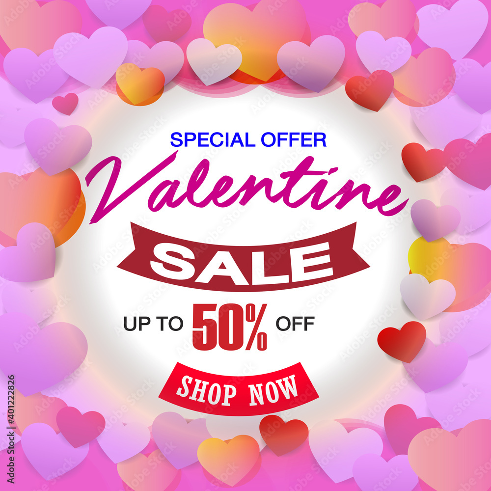 Valentine's Day Sale 50% off Poster or banner with sweet hearts and on red background.Promotion and shopping template or background for Love and Valentine's day concept.