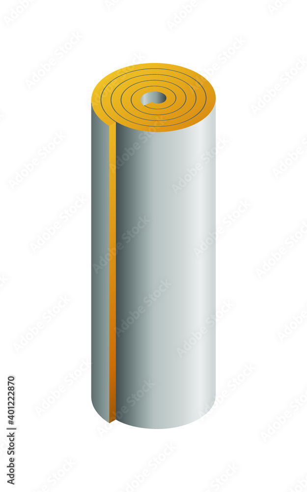 Vector illustration rock wool insulator for heat cold and sound protection. Roll of fiberglass insulation material vector icon. Mineral wool roll isolated on white background. 3D cartoon roll icon. Vector illustration rock wool insulator for heat cold and sound protection. Roll of fiberglass insulation material vector icon. Mineral wool roll isolated on white background. 3D cartoon roll icon.