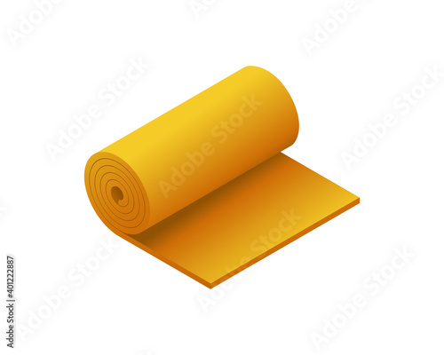 Vector illustration roll of fiberglass insulation material isolated on white background. Mineral wool flat vector icon. 3D cartoon glass wool roll icon. Rock wool insulator for heat cold protection.
