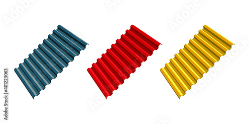 Red, yellow and gray corrugated roofing sheets isolated on white background. Galvanized iron sheets vector icon. Colored wavy slate. Metal roof, metal siding, profiled sheeting for covering or fencing
