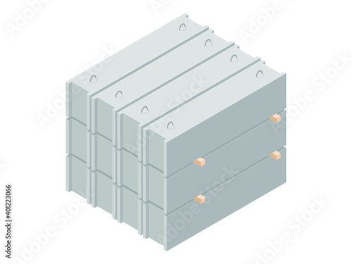 Vector illustration stack of concrete foundation blocks isolated on a white background. Cement block isometric icon. Building materials storage in flat style. Precast concrete blocks for construction.