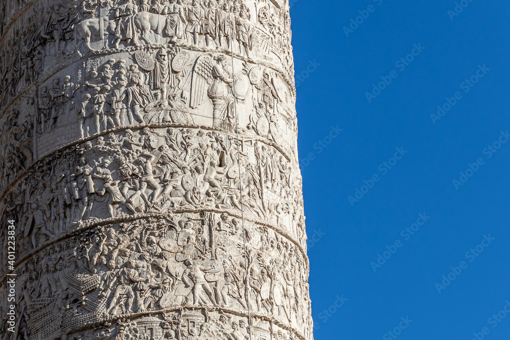 Close-up of the Trajan Column, Roman triumphal monument built by Emperor Trajan to celebrate the victory in Dacia Wars.