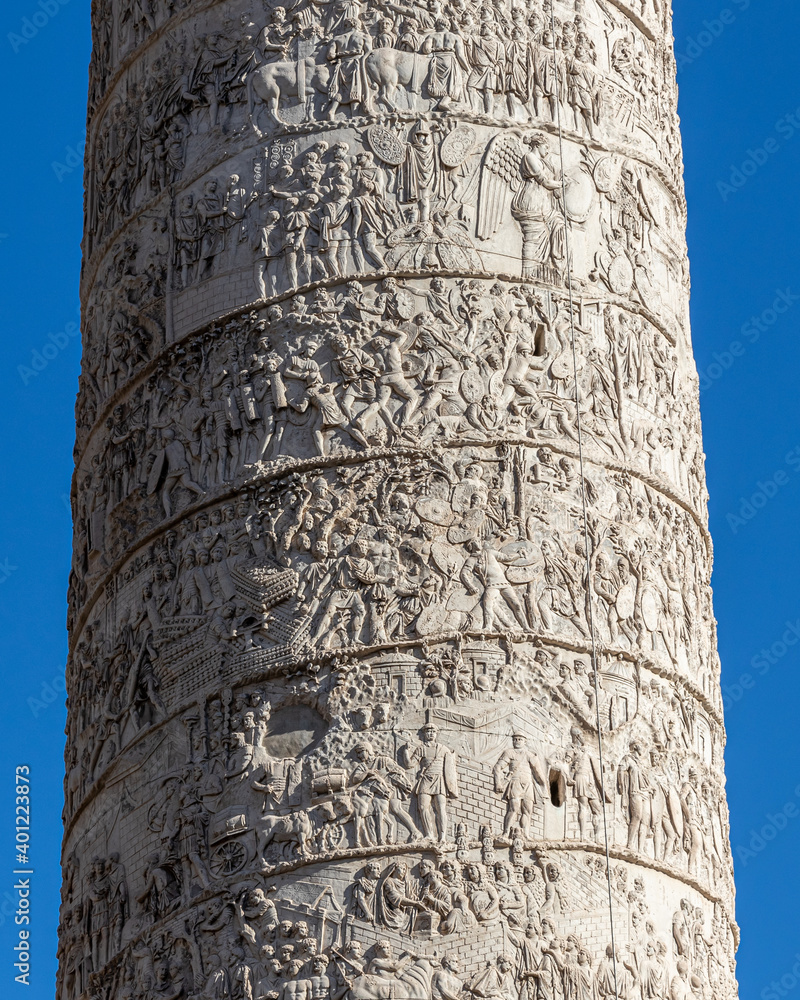 Details on the Roman triumphal column that commemorates Roman emperor Trajan victory in the Dacian Wars