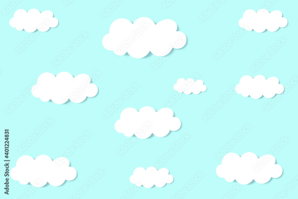 Blue sky with clouds, vector seamless pattern. Abstract white cloudy set isolated on blue background. Vector illustration