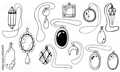 Set of illustration of magic amulets and jewelry pendants. Doodle images of mascots isolated on white background