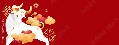 Chinese New 2021 Year of Calf. Metal bull with golden horns and hooves. Sign of coming year - big white Ox. Zodiac symbol of oriental new year with copy space. Vector stock illustration. Web template.